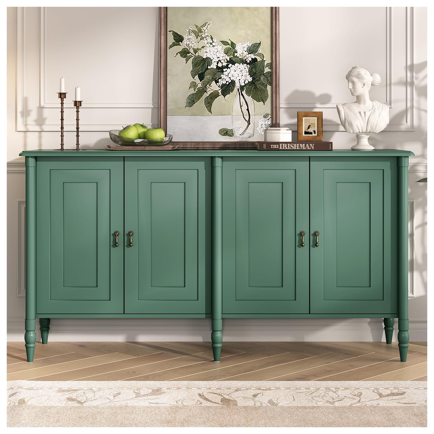 JOINICE 59" Sideboard Buffet Cabinet with Storage,Vintage Credenza with Adjustable Shelves & Solid Wood Legs,Accent Cabinet for Living Room,Dining Room,Kitchen,Bar,Entryway,Hallway,TV Console,Green