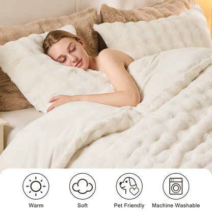 EMME Faux Fur Duvet Cover King Size, 3 Pieces Ultra Soft Fluffy Comforter Cover, Cozy Warm for Winter, Luxury Elegant Shaggy Bubble Design Bedding, 1 Duvet Cover & 2 Pillow Shams (King, Cream White)