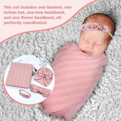 Cinaci 4pcs Dusty Pink Soft Nursery Newborn Baby Receiving Swaddle Blanket with Matching Turban Hat Bow Headbands Floral Nylon Headbands for Baby Girls Newborn Infants