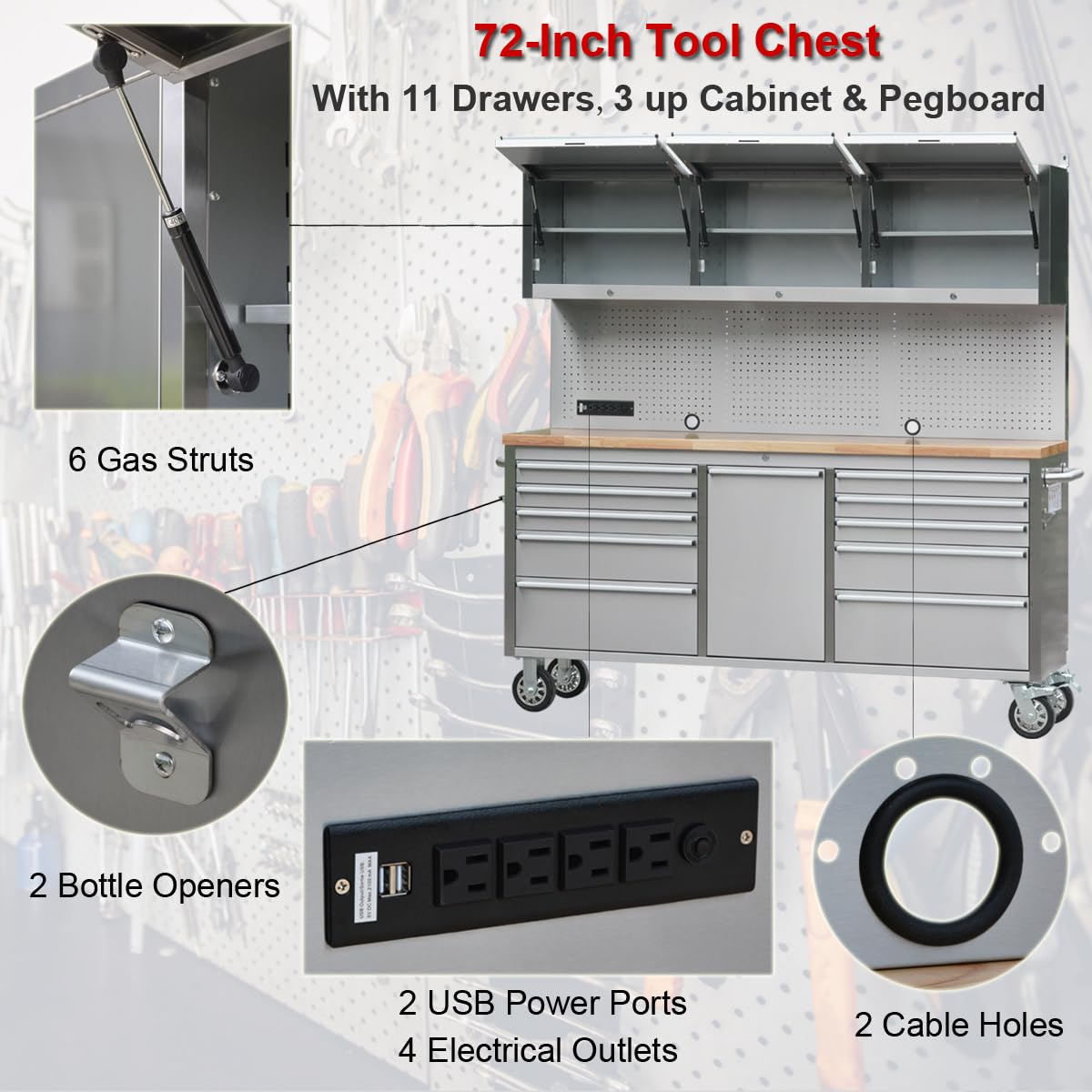 UYRIE 72" Stainless Steel Rolling Tool Chest with 11 Drawers + 3 Upper Cabinets, Large Lockable Storage Cabinet, Mobile Workbench with Wheels for Garage Workshop (1 × HTC7214W1)