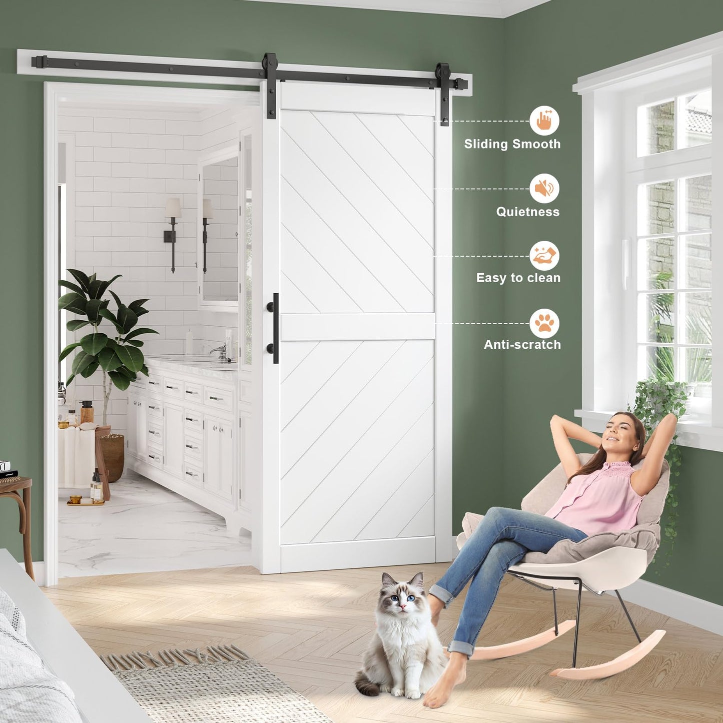 36in x 84in Sliding Barn Door with 6.6FT Barn Door Hardware kit & Handle Included, Solid MDF Wood Slab Covered with Water-Proof & Scratch-Resistant PVC Surface,Simple DIY Assembly,Chevron Pattern