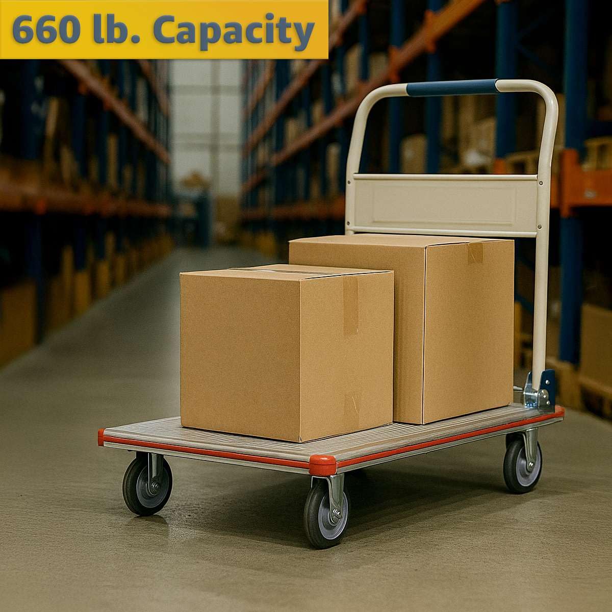 Aluminum Platform Truck 660 lb Capacity - Heavy-Duty Cart with Folding Handle, 5″ TPR Casters & Corner Protectors - 24″ x 36″ Utility Dolly for Warehouse, Shop, Office, Silver