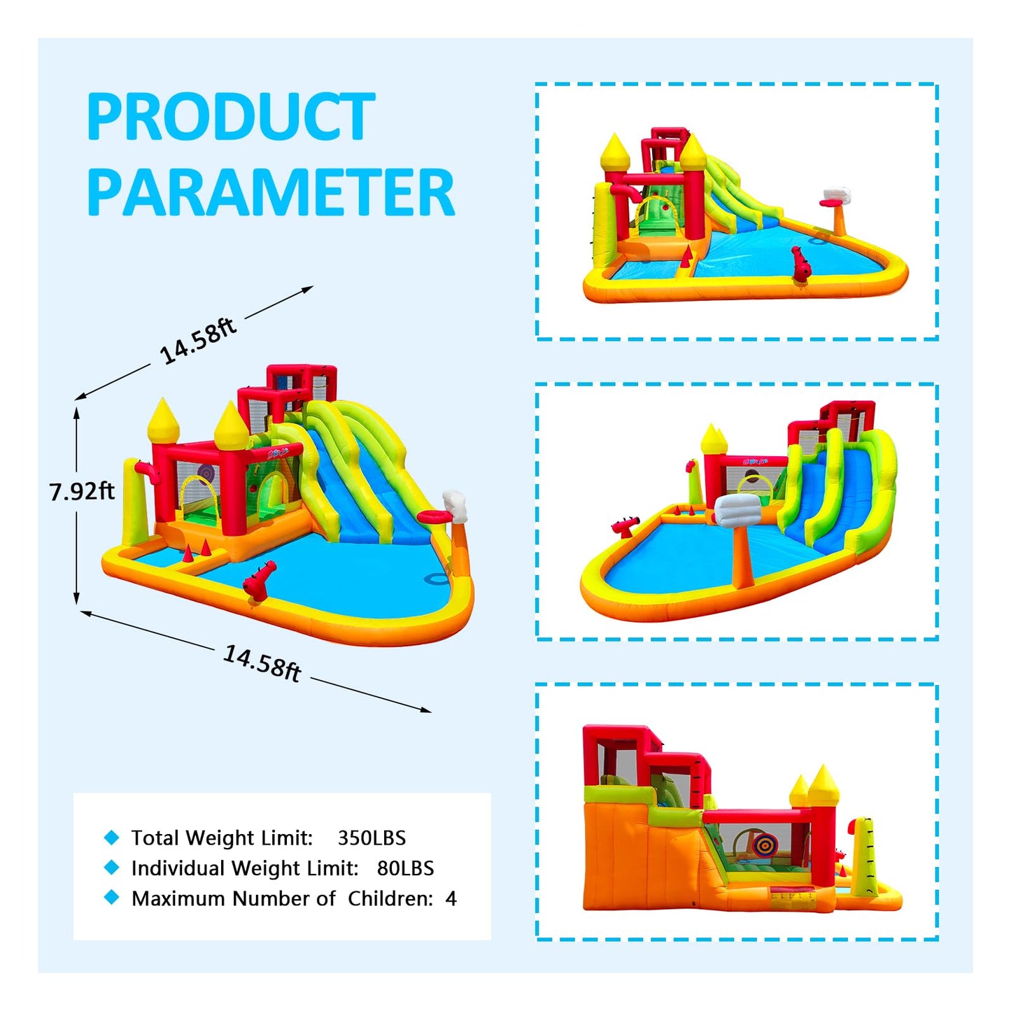MIRUNAIR Inflatable Bounce House with Slides, Inflatable Water Slide for Kids Backyard, Bounce Water Prak with Air Blower, Splash Pool, Water Cannon, Climbing Wall, Outdoor Backyard Water Park