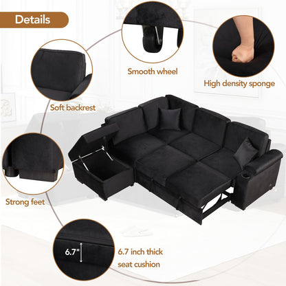 Ball & Cast 84" Convertible Sectional Sofa Bed,L-Shaped Sleeper Couch w/Storage Ottoman,Cup Holder and Charging Stations,Put Out Sofas w/Chaise,for Living Room and Small Apartment,Black