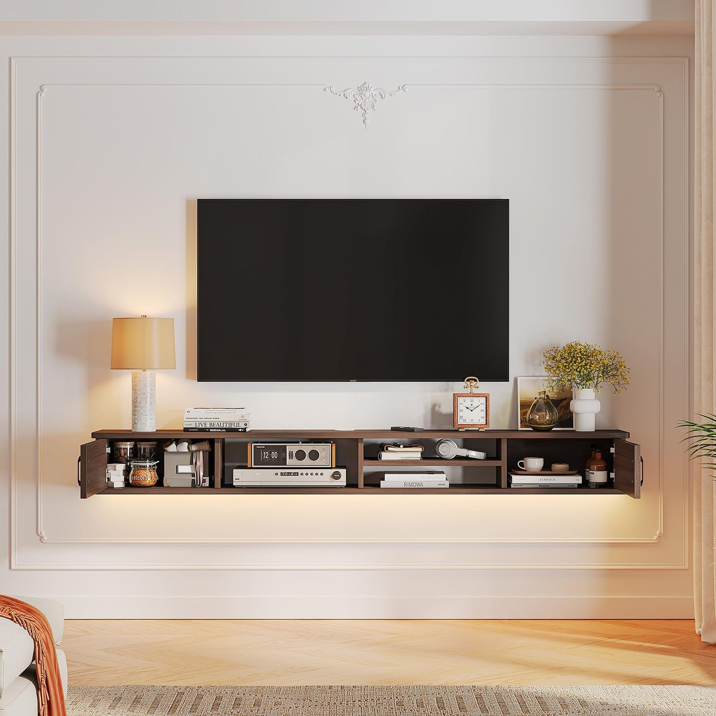 FurniNova Floating TV Stand,66'' Wall Mounted TV Console,Floating TV Shelf,Wall TV Cabinet,Floating Entertainment Shelf,Walnut