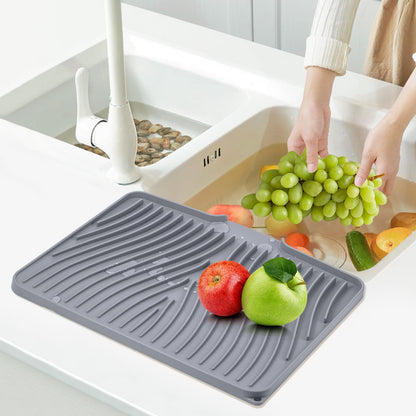 TIKNIK Silicone Dish Drying Mat, Stone Drying Mat for Kitchen Counter with Built-In Drain, Non-Slip Drain Pad with Built-in Drain, Heat Resistant Stone Drying Mat, Hangable, Grey-1pcs, 16" x 12"