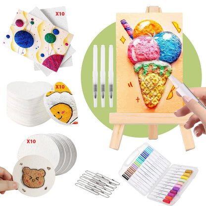 Wanbeiooray 44 Pcs Magic 3D Foam Art Kit with Including 24 Color Acrylic Paint Pens, 30 Foam Texture Paper, 10 Beaded Chains and 1 Mini Display Easel