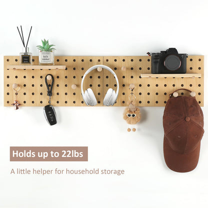 UMICAL 2 Pack Beige Wooden Pegboard, Modular Wall Organizer Storage Shelf with Hooks, Multi‑Use Display Peg Board for Home Office Bathroom Laundry Room