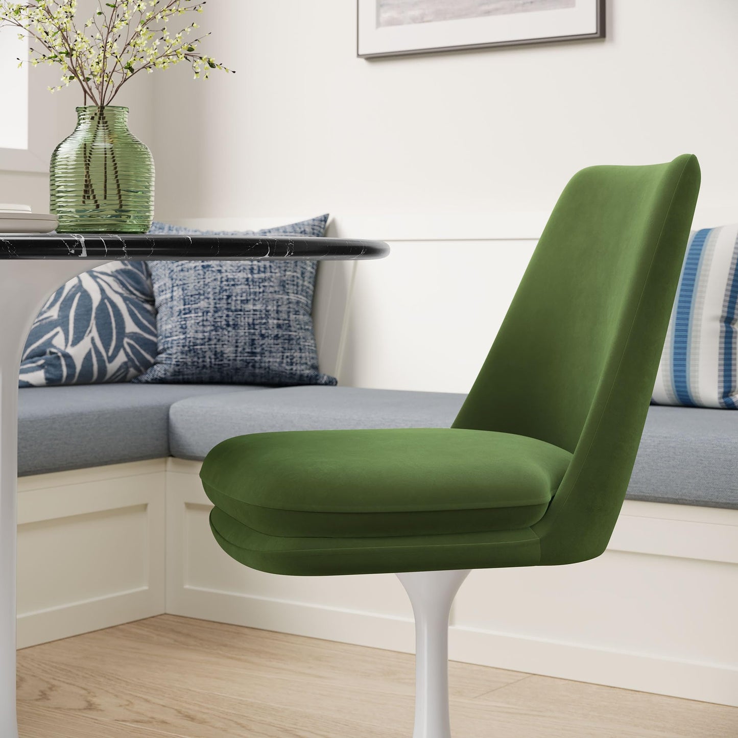 Modway Lippa Velvet Swivel Dining Side Chair in White Moss Green - Armless Accent Chair with Stain-Resistant Performance Velvet Upholstery - 360° Rotating Office Chair