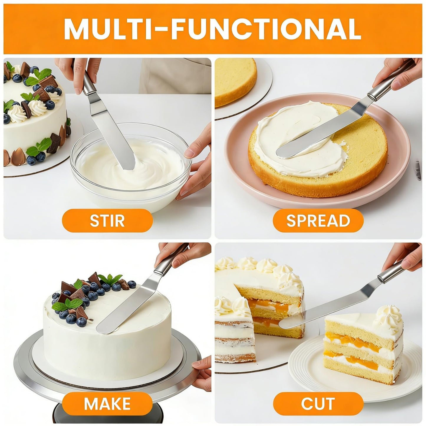 Hacaroa Set of 5 Angled Icing Spatula with 3 Cake Scraper, Offset Spatula with 4, 6, 8, 10, 12 Inch Blades Stainless Steel for Cake Frosting, Decorating, Baking, Ergonomic Handle, 5 Sizes