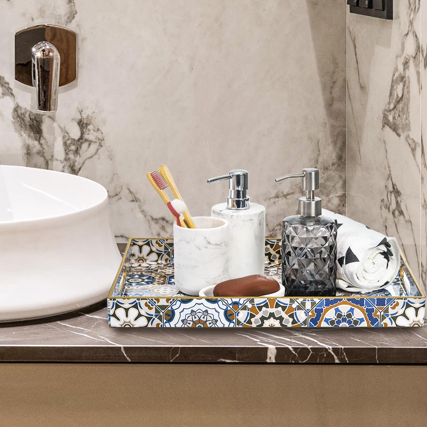 Hiceeden Set of 2 Decorative Serving Trays with Handles, Boho Tea Trays Ottoman Trays for Serving, Modern Plastic Coffee Table Tray for Living Room, Kitchen, Bathroom, Rectangle, Blue