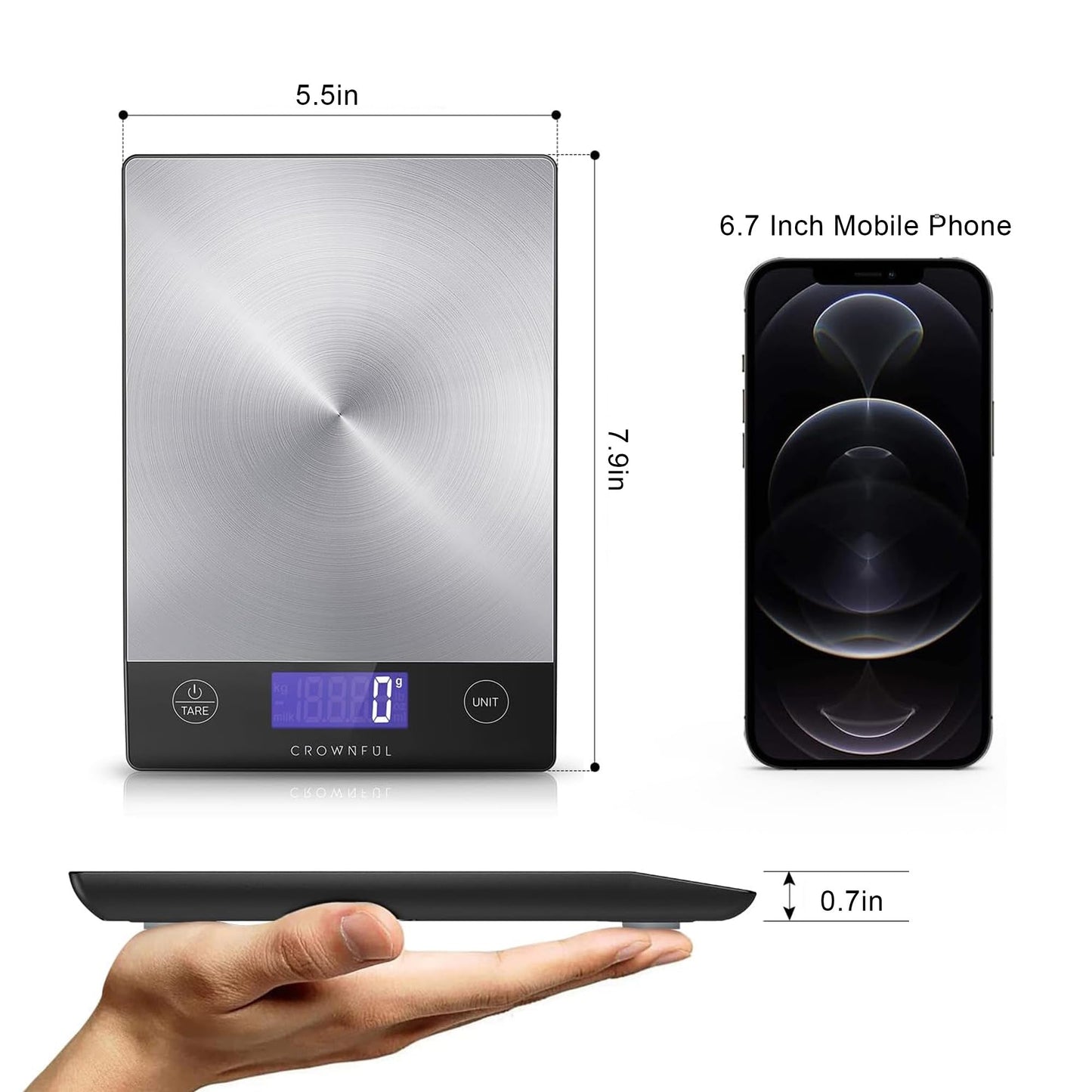 CROWNFUL Food Scale, 33lb Rechargeable 304 Stainless Steel Digital Kitchen Scale Weight Grams and Ounces with LCD Display and Type-C Charging for Meal Prep, Baking and Cooking