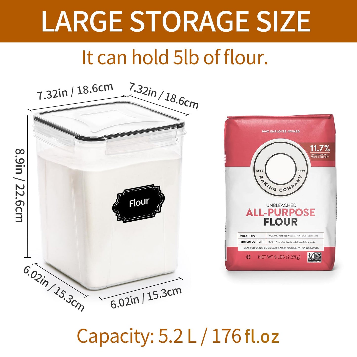 HKJ Chef 4 Pack Large Airtight Food Storage Containers with Lids (5.2L / 176oz), BPA Free Plastic Kitchen and Pantry Organization Contianers for Cereal Flour and Sugar Storage, Labels & Marker