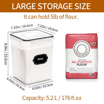 HKJ Chef 4 Pack Large Airtight Food Storage Containers with Lids (5.2L / 176oz), BPA Free Plastic Kitchen and Pantry Organization Contianers for Cereal Flour and Sugar Storage, Labels & Marker