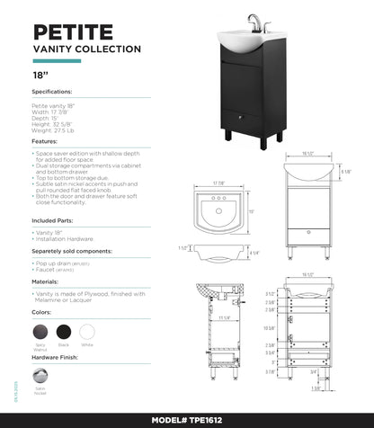 Fine Fixtures Petite 18 Inch Bathroom Vanity with Sink, Small Freestanding Bathroom Cabinet, Space-Saving Vanity Sink Combo Design, Dual Storage, Satin White