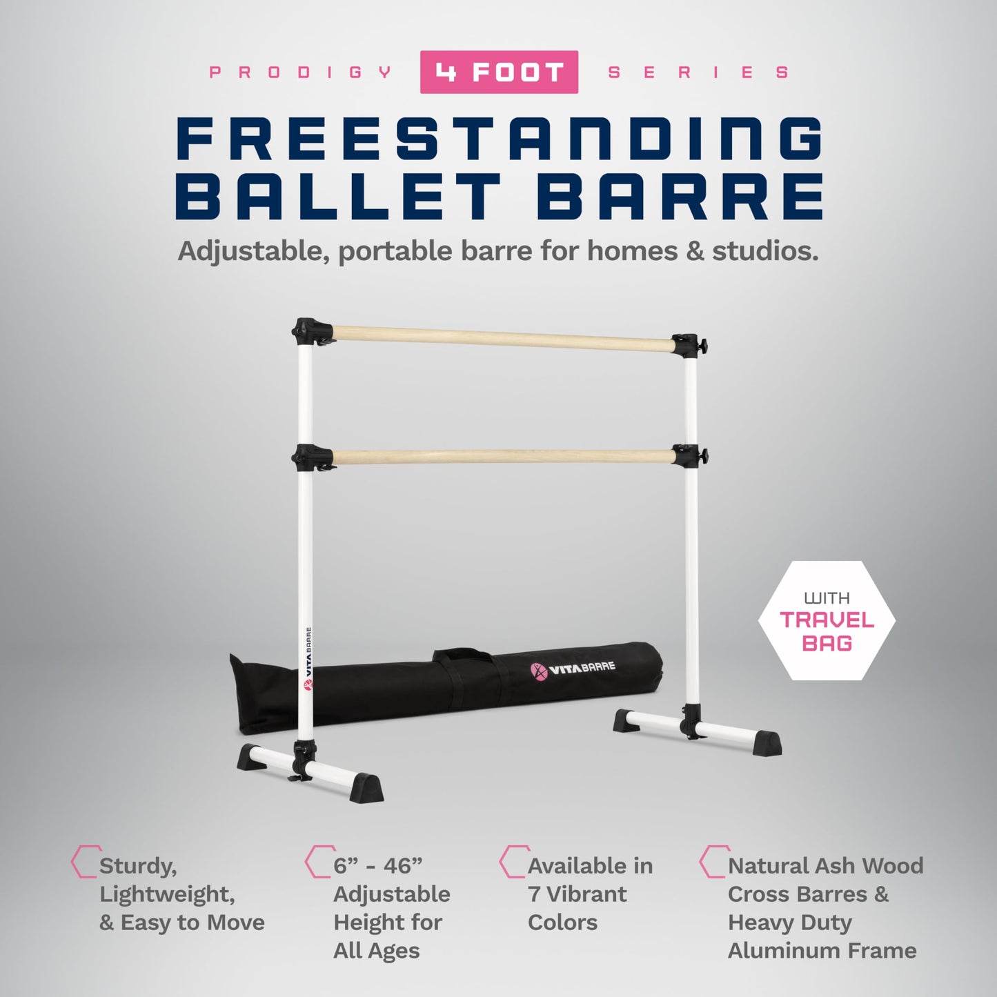 VITA Barre Portable Freestanding Double Ballet Barre, Prodigy, 4 Ft Bars, White, with Bag | Adjustable Height, USA Made, Home or Gym Exercise Equipment for Kids & Adults | Dance, Fitness, Pilates
