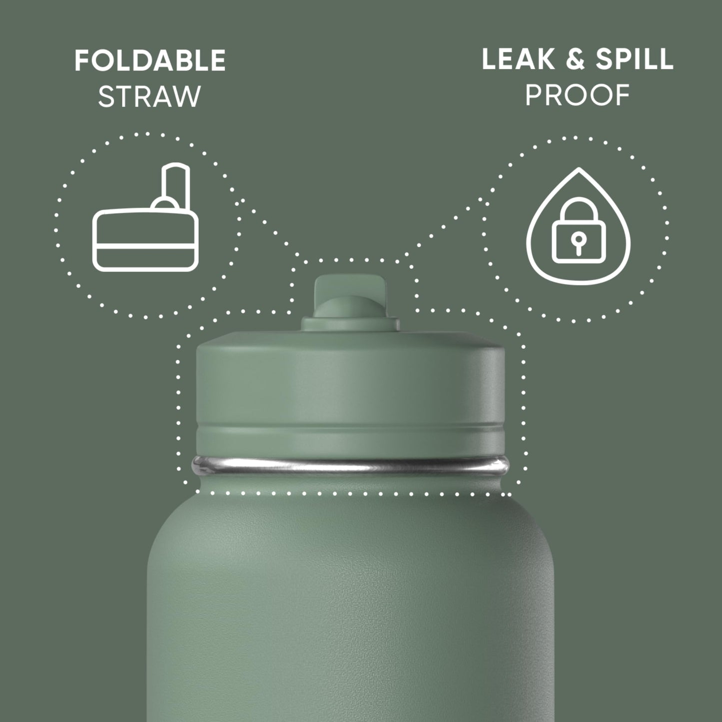 Hydrapeak 32oz Sport Insulated Water Bottle with Straw & Chug Lid, Leak & Spill Proof, Keeps Drinks Cold for 24 Hours, Hot for 12 Hours, Premium Stainless Steel Water Bottles (32oz, Sage Leaf)