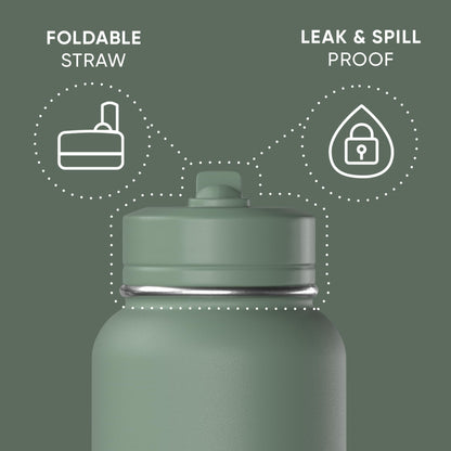 Hydrapeak 32oz Sport Insulated Water Bottle with Straw & Chug Lid, Leak & Spill Proof, Keeps Drinks Cold for 24 Hours, Hot for 12 Hours, Premium Stainless Steel Water Bottles (32oz, Sage Leaf)
