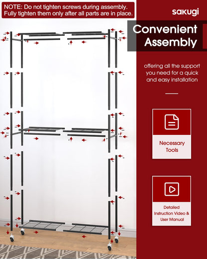 Sakugi Clothes Rack - 33.0" x 12.2" x 79.5" Clothing Rack with Shelves & Wheels, Multi-Functional Wardrobe Closet with Hooks, Sturdy Metal Garment Rack for Bedroom, Laundry, Balcony (Black)