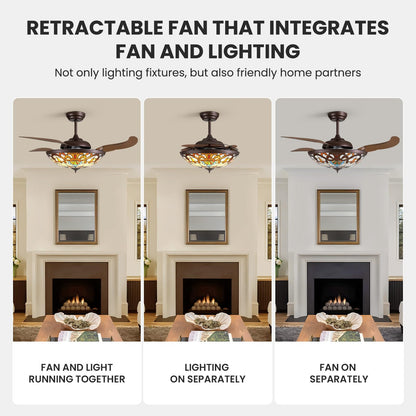APBEAMLighting 52inch Ceiling Fan Tiffany Style Stained Glass Retractable Ceiling Fans with Remote & Dimmable Light 6-Speed Reversible Motor for Bedroom Dining Room Living Room Kitchen