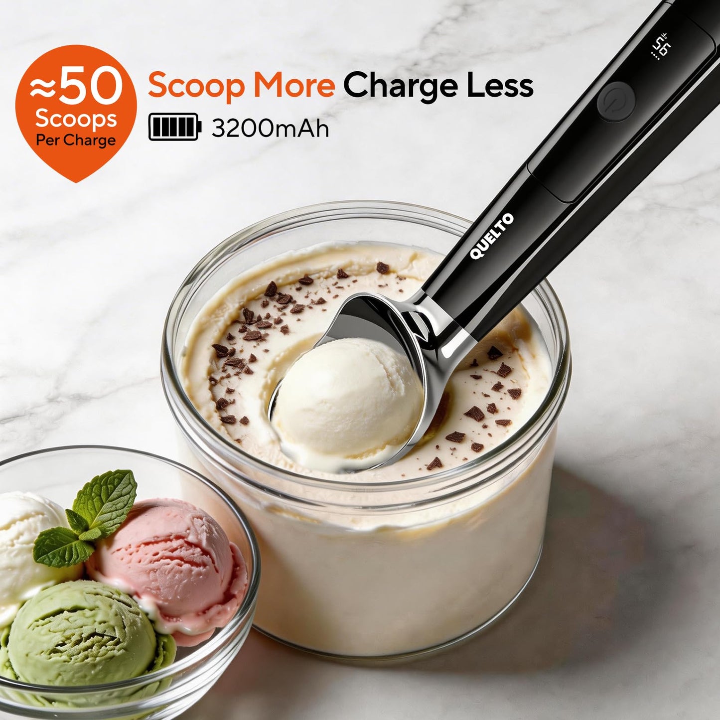 Heated Ice Cream Scoop with LED Display — Rechargeable Electric Ice Cream Scoop with Comfortable Handle, 3 Modes, IPX7, Non-Stick Stainless Steel for Hardened Ice Cream, Sorbet, Gelato, & Cookie Dough