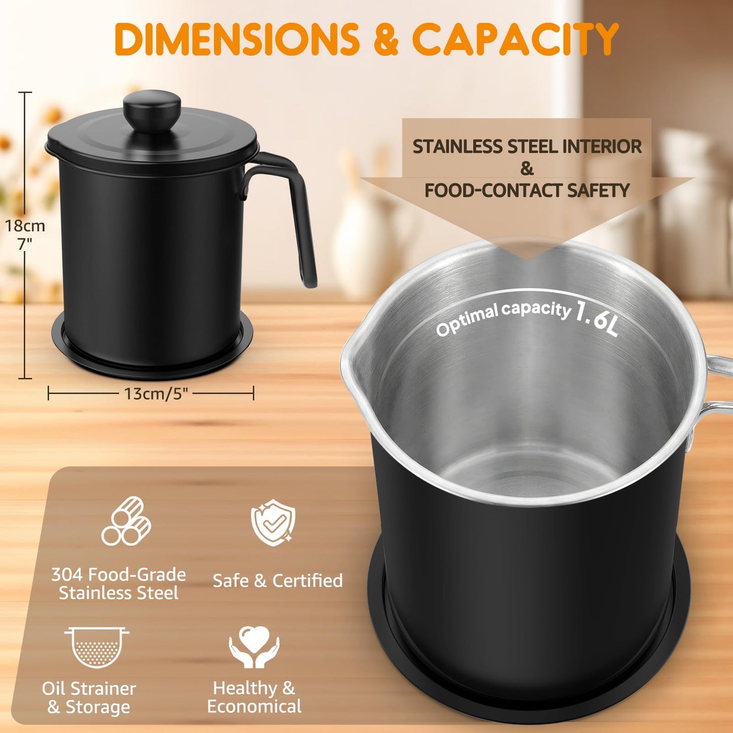 Chihee Grease Container Stainless Steel Bacon Grease Saver with Fine Mesh Strainer 2L / 67.6 fl oz Cooking Oil Keeper Stoarge Can with Dust-proof Lid Non-slip Tray for Kitchen Frying