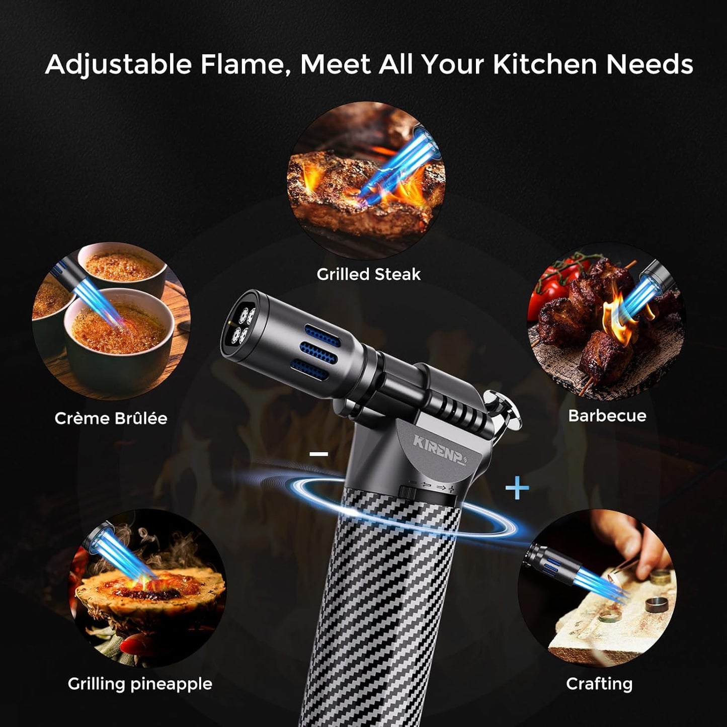 Quad Torch Lighter with Adjustable Flame, Refillable Windproof Blow Torch for Kitchen Cooking and BBQ
