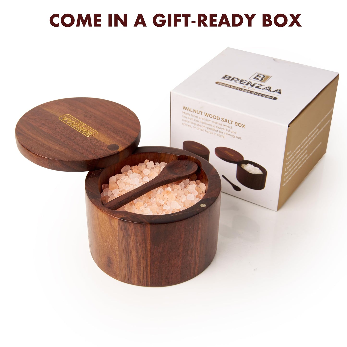 BRENZAA Walnut Wood Salt Cellar With Built in Spoon & Magnetic Swivel Lid, Spice Organizer for Salt, Herbs & Seasonings Storage Box – Kitchen Counter Storage & Gift