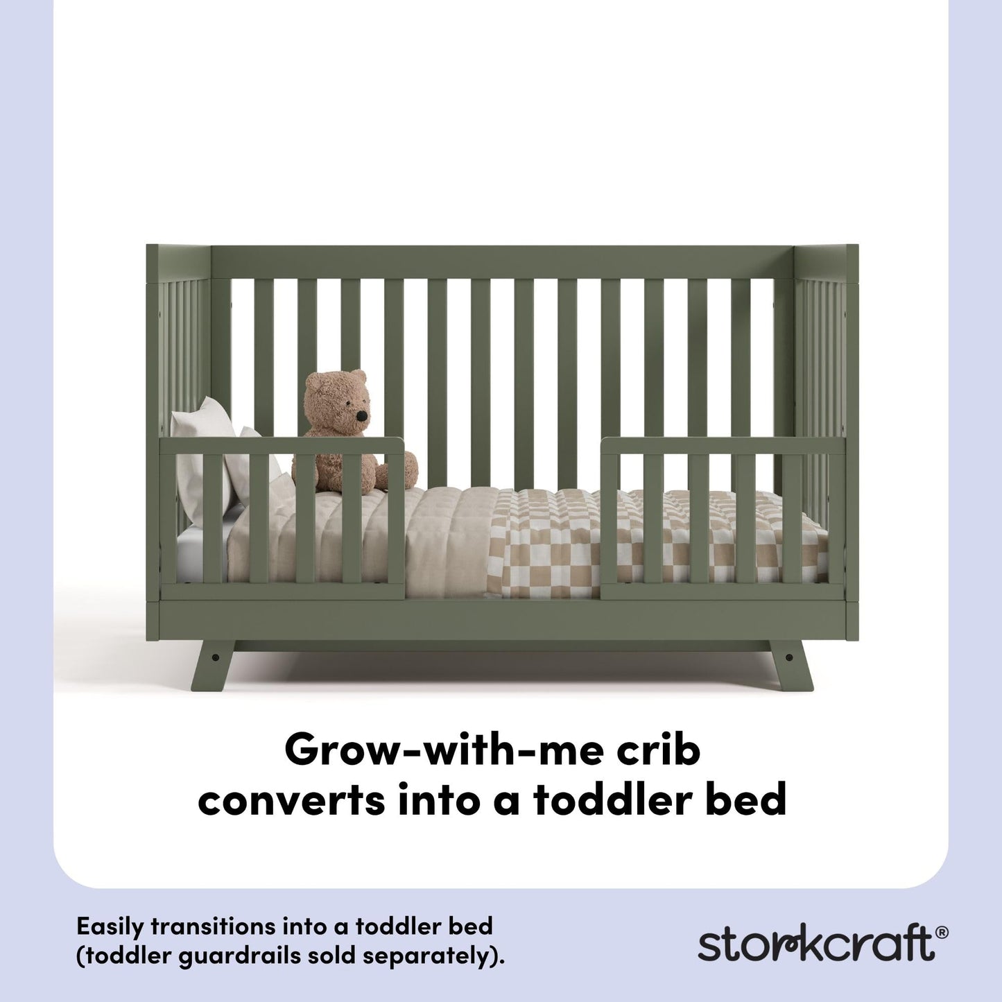 Storkcraft Beckett 3-in-1 Convertible Crib – GREENGUARD Gold Certified, Fits Standard Crib Mattress, Converts to Toddler Bed and Daybed, 4 Mattress Heights, Grow-with-Me Design (Olive)