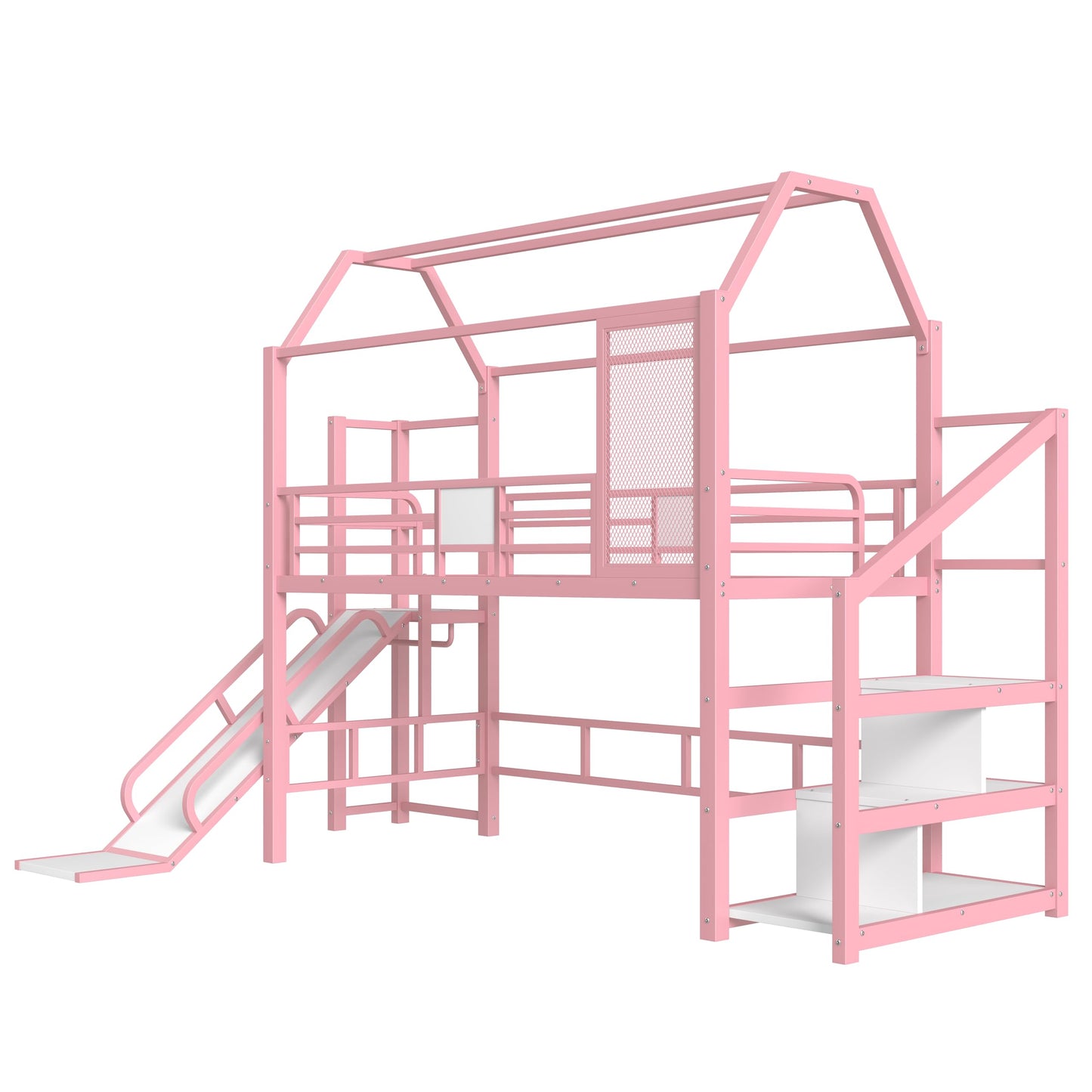 Bellemave Twin Size Metal House Loft Bed with Slide and Stairs,Heavy Duty Playhouse Loft Bed Frame with Storage Shelves for Kids,Teens,Adults,Pink