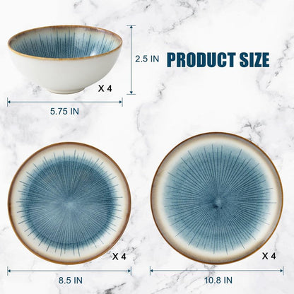 WHITEPEONY Blue Stoneware Dinnerware Set, 12 Pieces, Blue Stripe Marble, Dishwasher & Microwave Safe