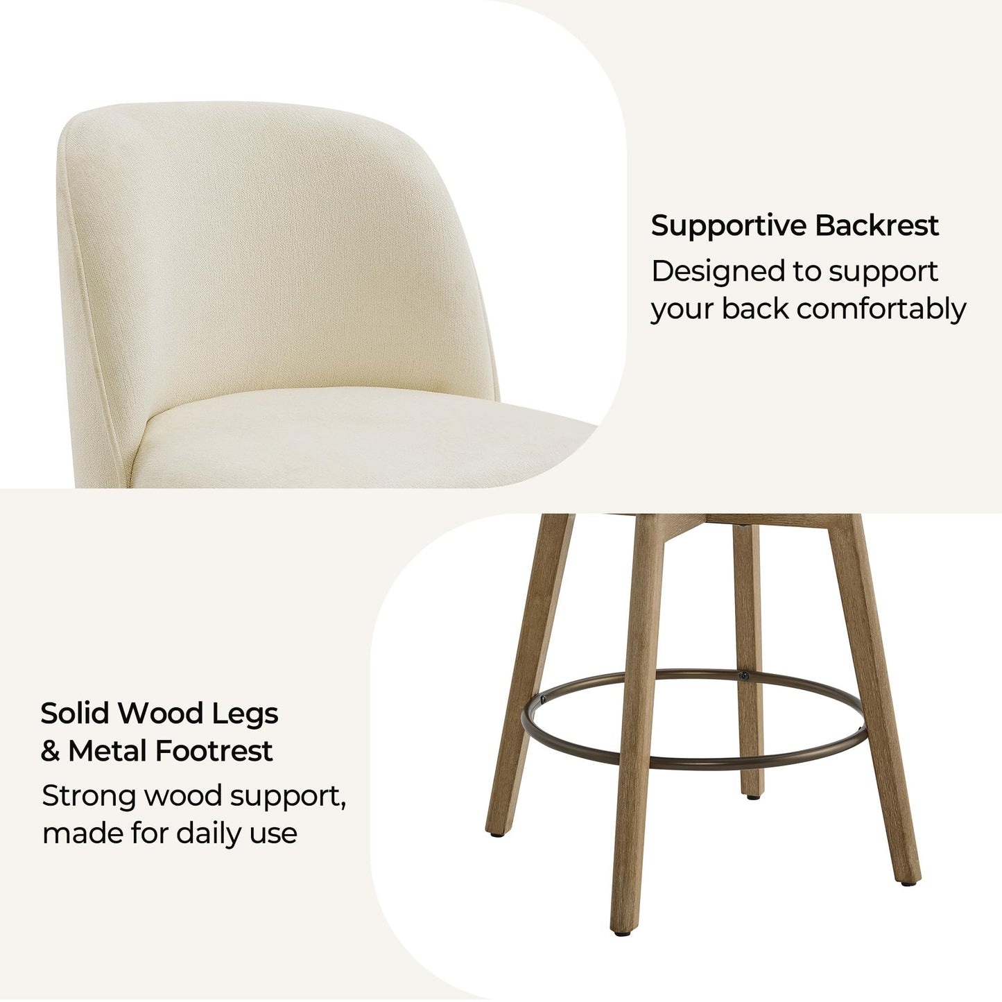 CHITA Modern Swivel Counter Height Bar Stools Set of 2, 26" Upholstered Counter Stools, Solid Wood Legs, Comfortable Cushioned Seat, Cream Fabric