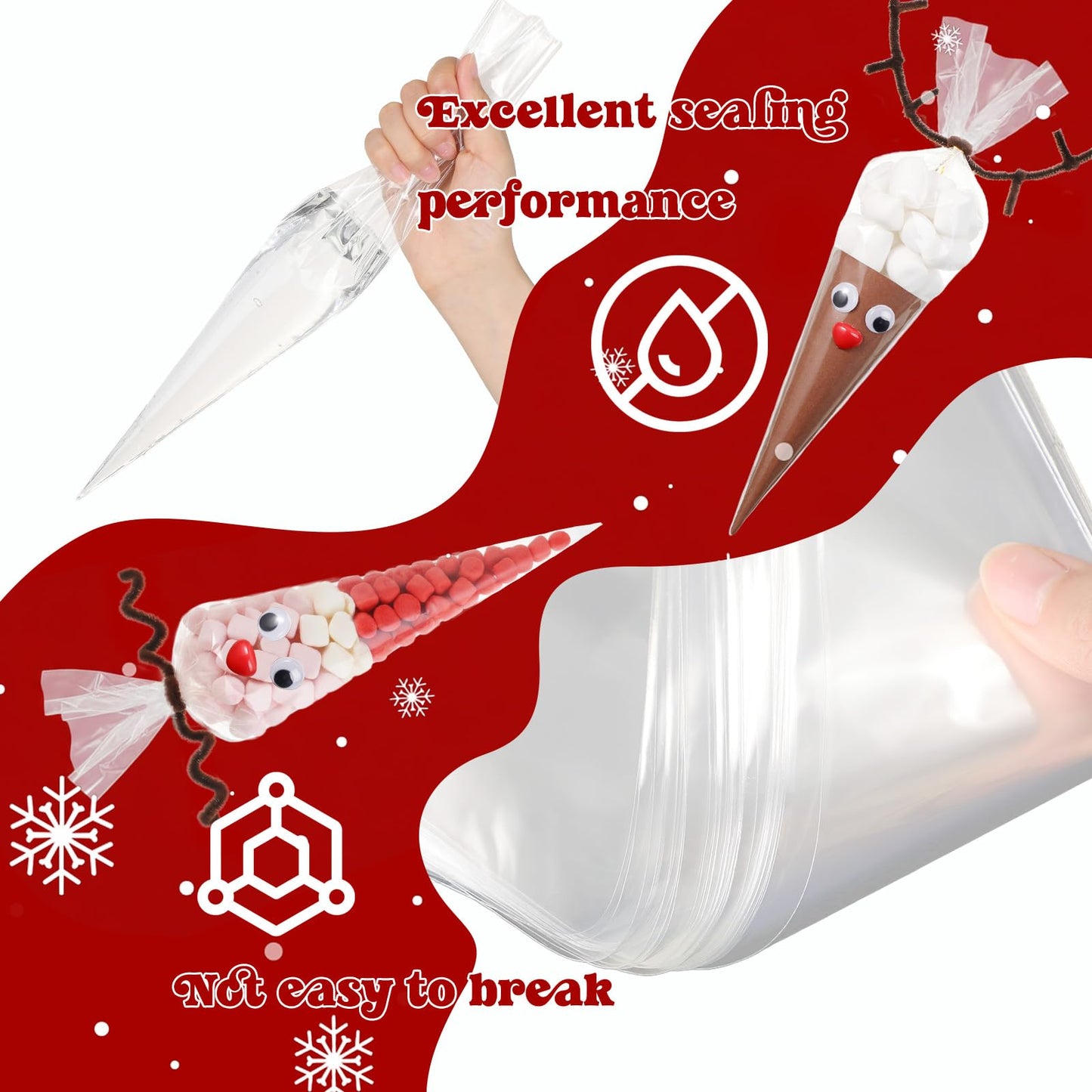 Resholder 300 Pcs Christmas Reindeer Cone Cellophane Bags Kit DIY 7.1x14.6 Inch Clear Cone Shaped Treat Bag with Pipe Cleaner Wiggle Eyes Nose for Popcorn Cotton Candy Goodie Cookie Party Favor
