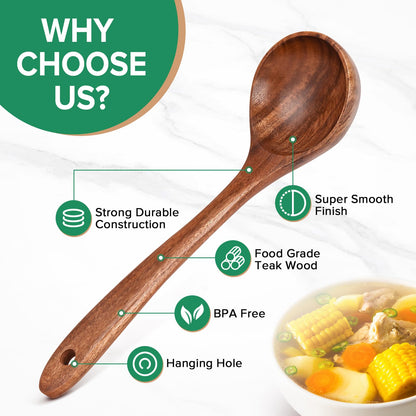 Wooden Soup Spoon for Cooking, Teak Acacia Soup Ladle, Non-Toxic Natural Wood Serving Spoon for Gravy Sauce Porridge, Long Handle Deep Scooper Server Utensil, No-Scratch Cookware Surface,10.6″