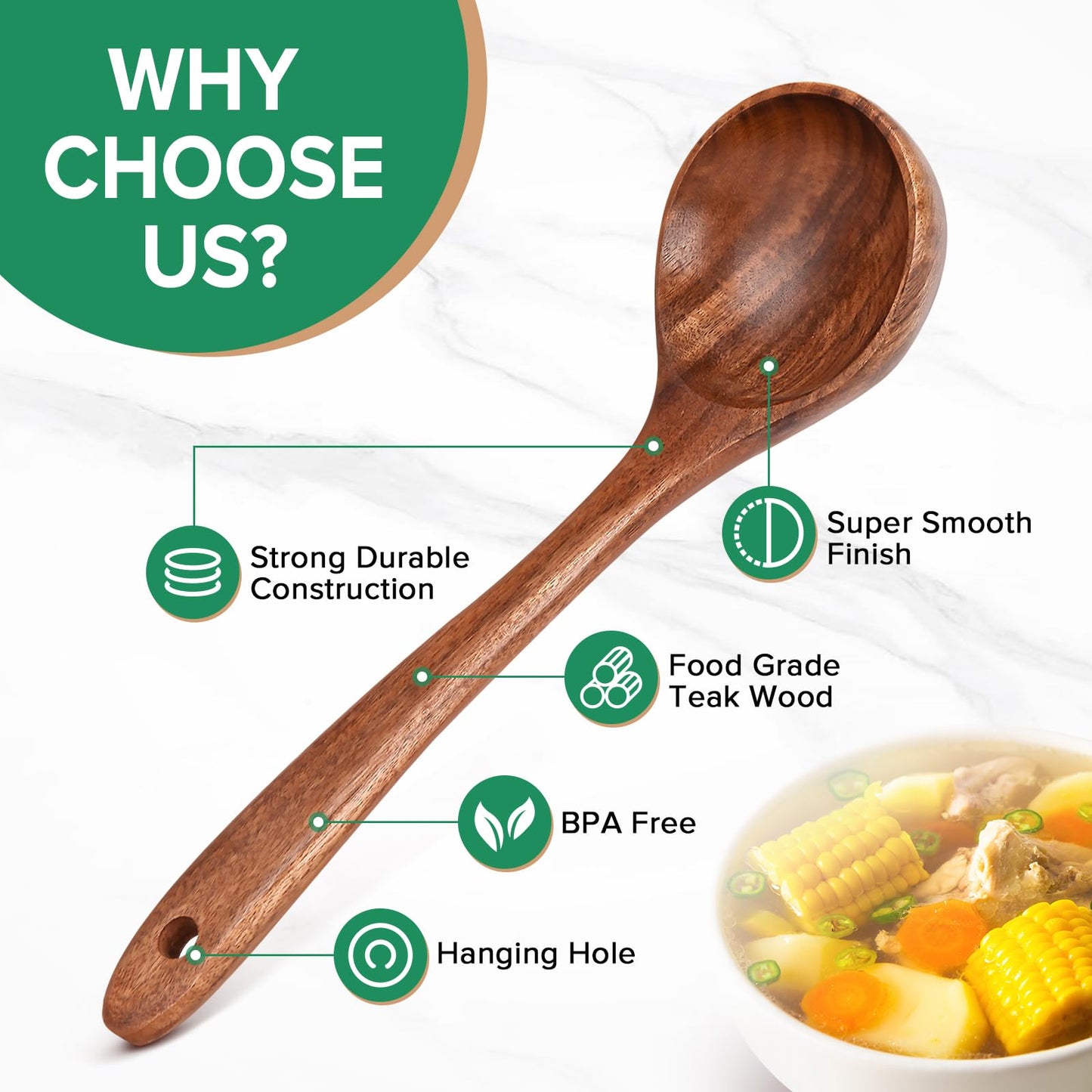 Wooden Spoons for Cooking,2 Pcs Wooden Utensil Set of Soup Ladle &Spaghetti Pasta Spoon with Teeth, Teak Wood Soup Ladle&Slotted Pasta Fork Strainer Spoon Set for Serving Collecting Noodle Gravy Sauce
