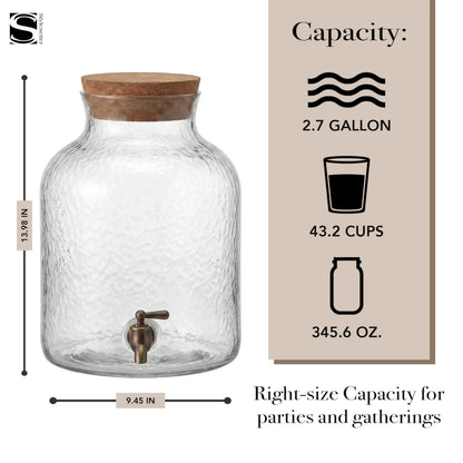 Style Setter Beverage Dispenser Cold Drink Dispenser w/ 2.7 Gallon Capacity Glass Jug, Cork Lid & Leak-Proof Acrylic Spigot, Great for Parties, Weddings & More