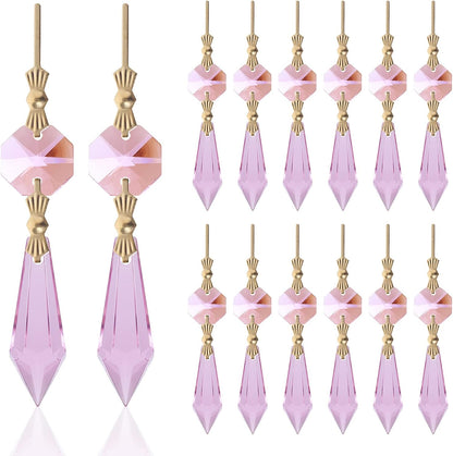 20pcs Pink Crystals Prisms Glass Tip Beads Replacement Chandelier Icicle Drop Pendants Octagon Crystal Beads Gold Pins