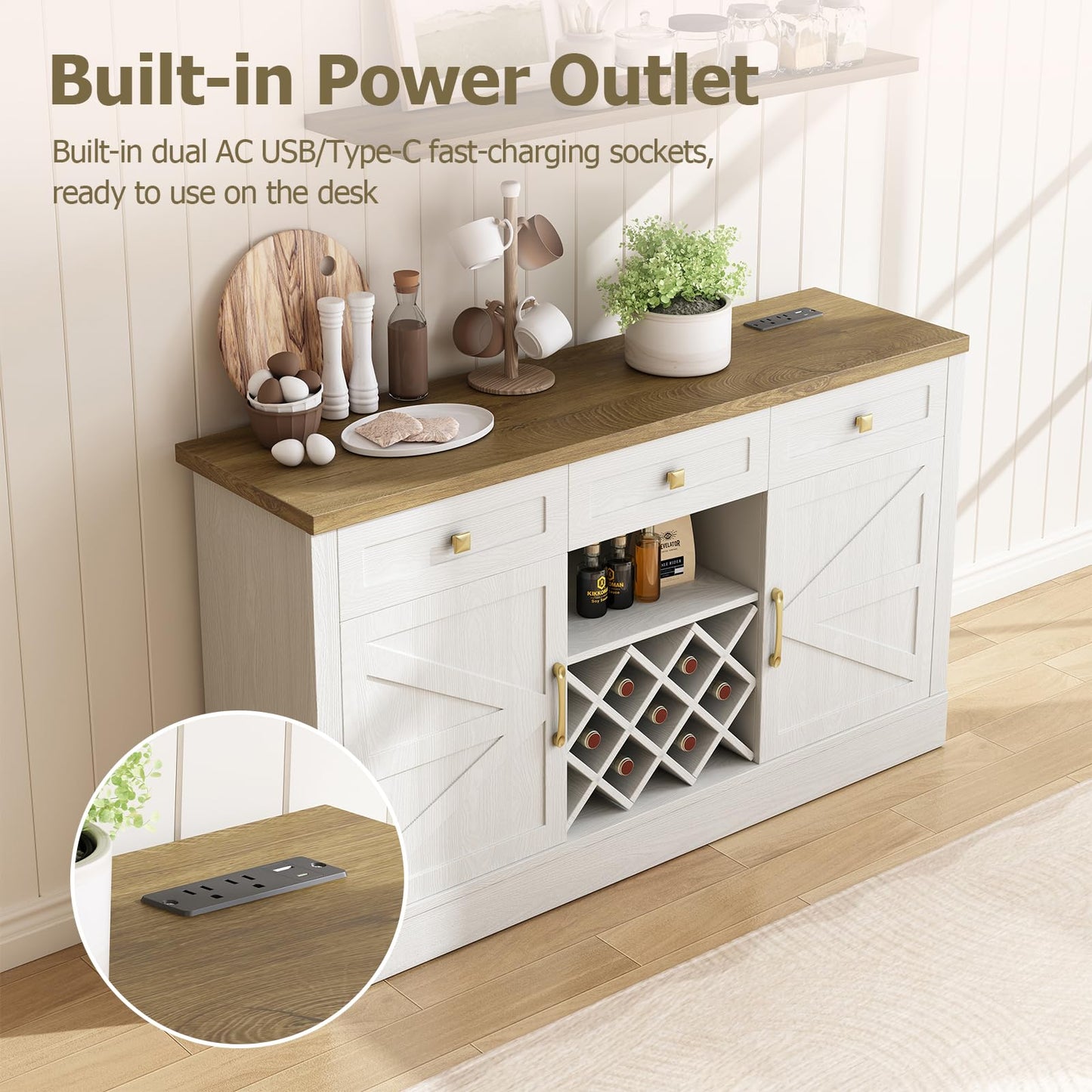 JGOEI 55.12" Kitchen Cabinet Storage, Farmhouse Coffee Bar with Power Outlet, Wood Cabinet with 3 Drawer, Removable Wine Rack for Dining Room, Kitchen, Living Room, White