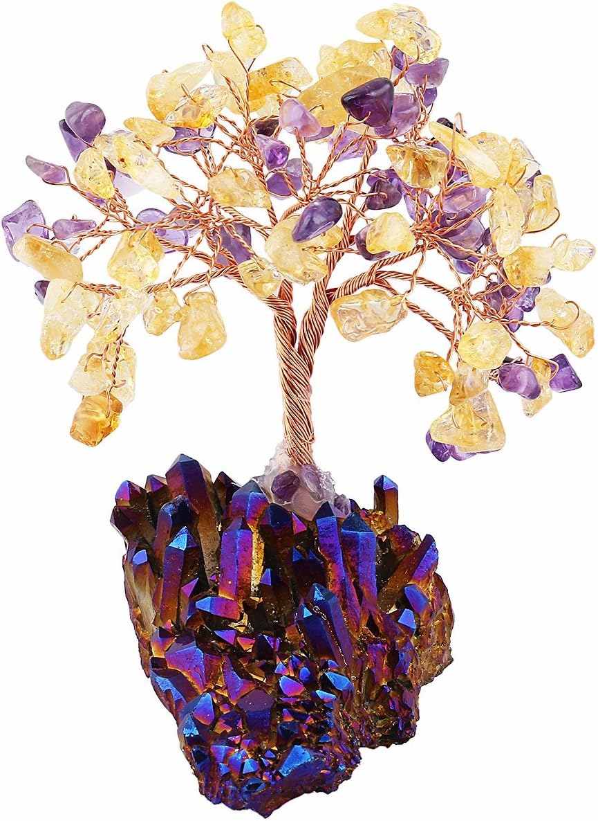 mookaitedecor Citrine & Amethyst Crystal Tree, Quartz Cluster Purple Titanium Crystals Base