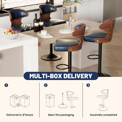 Daluvenix Bar Stools Set of 4 Adjustable Height Swivel Bar Stools Faux Leather Upholstered Bentwood Barstools with Back & Footrest Bar Chair for Dining Room Kitchen Blue