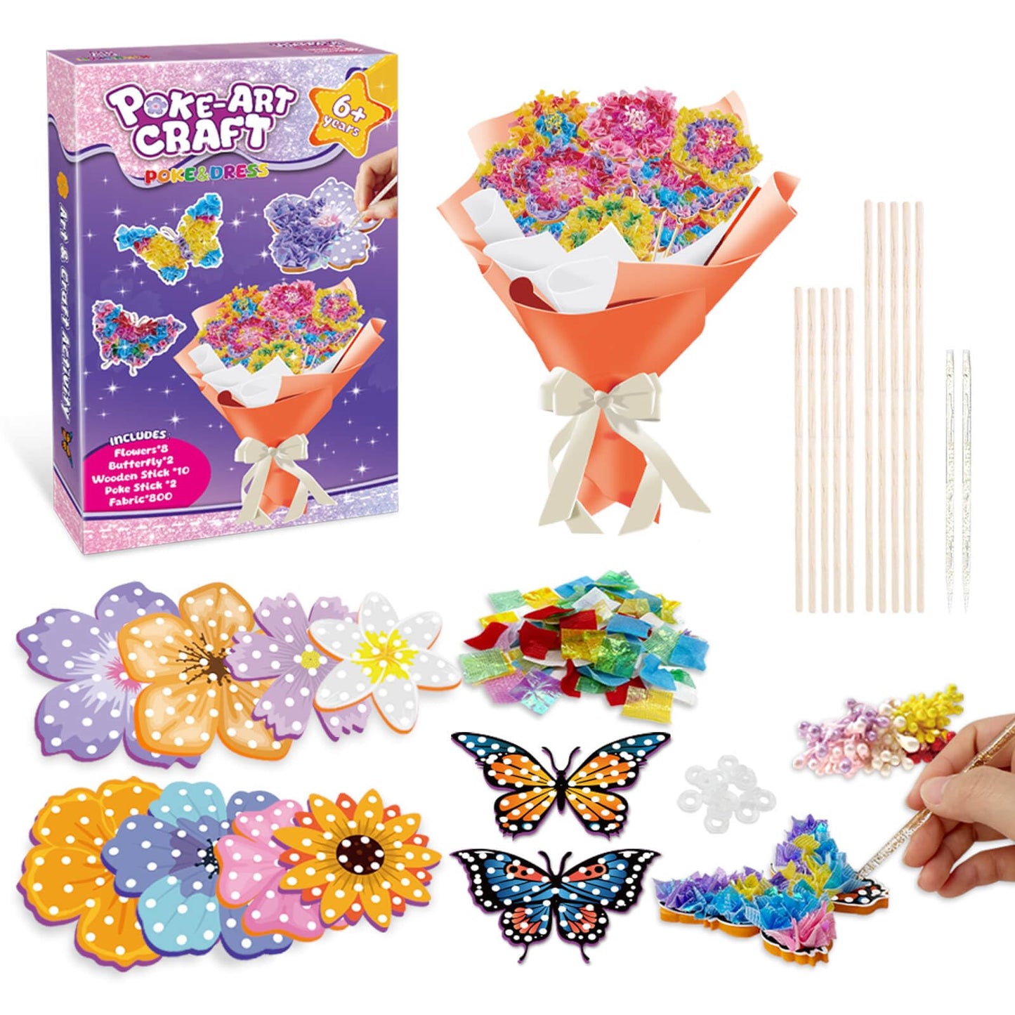 Britik Arts and Crafts for Kids Ages 8-12: Poke in Fun Art Kits for Girls, Poke Art Flower Bouquet Craft Kit, Fabric Arts for Kids DIY Flower Bouquet Kit Birthday Gift for Girls 8 9 10 11 12, Orange