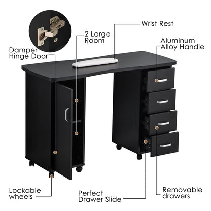 BarberPub Manicure Table, Acetone Resistant Nail Desk, Nail Table with 4 Drawers, 2 Cabinet, Lockable Wheels, Wrist Pad, Nail Desk for Nail Tech, Beauty Salon Black 0611