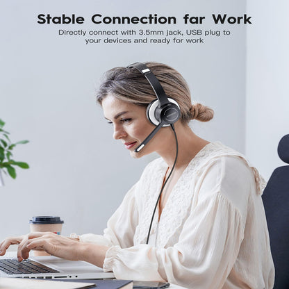 KONNAO USB Headset with Microphone, 3.5mm Wired Computer Headsets with Noise Cancelling Microphone, Stereo Headphones with MIC for PC, in Line Controls, Work Headset for Skype Zoom Tablet Laptop