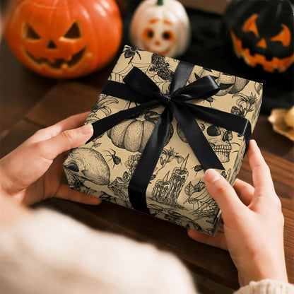 RUSPEPA 30" X 32.8' Kraft Autumn Wrapping Paper Large Paper Roll, Jumbo Roll, Vintage Black Skull, Spider, Pumpkin and Gothic Floral Design Kraft Gift Wrap for Fall Holiday and Halloween Party