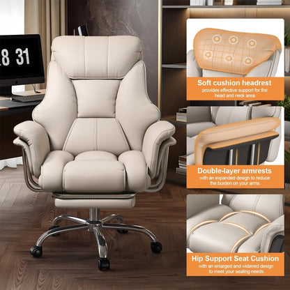 Executive High-Back Office Chair, Beige PU Leather, 550 Lbs Capacity, Retractable Footrest, Swivel with Chrome Base