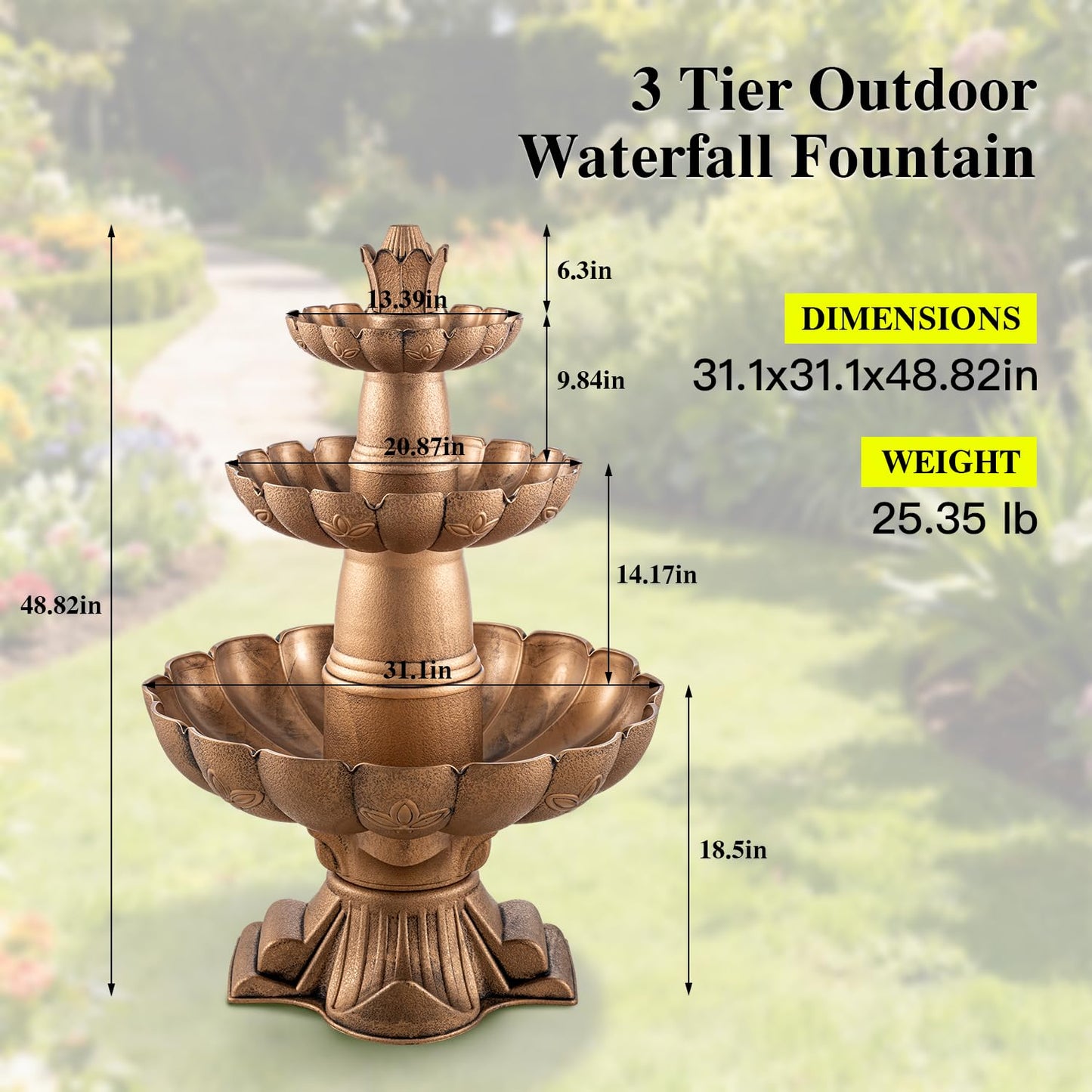 MO 48.8" 3-Tier Freestanding Water Fountain Outdoor Garden, Like Stone Large Bird Bath with Pump, Outdoor Waterfall Feature for Yard Patio Home Decor