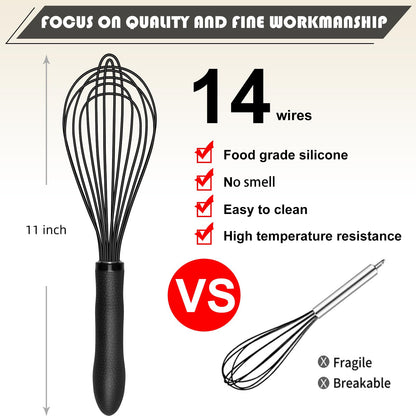 TEEVEA Silicone Whisk Stainless Steel Heat Resistant Non Scratch Kitchen Cooking Utensil for Blending Whisking Beating Frothing Stirring 11 Inch Black