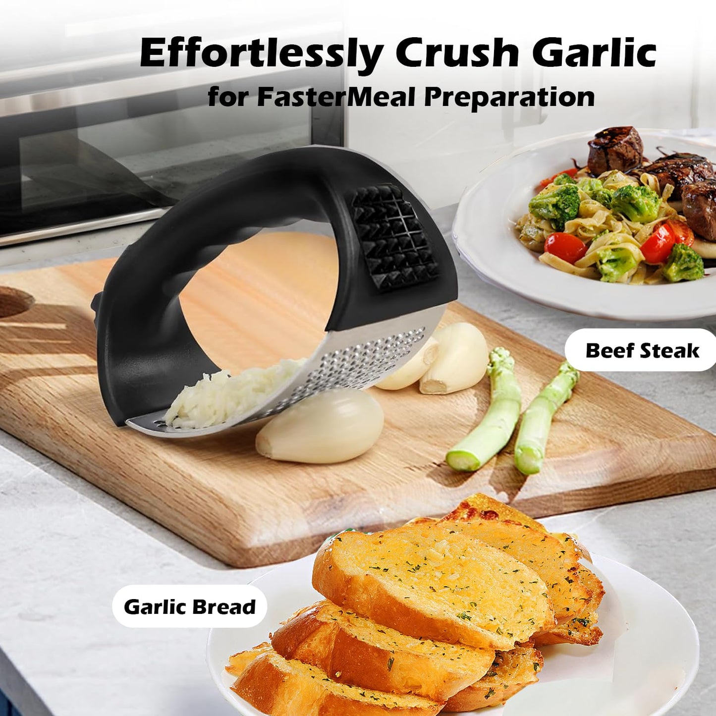 FATUXZ Garlic Press Rocker Set，Stainless Steel Garlic Mincer Tool with Garlic Peeler and Cleaning Brush Kitchen Gadgets Essentials Garlic Chopper