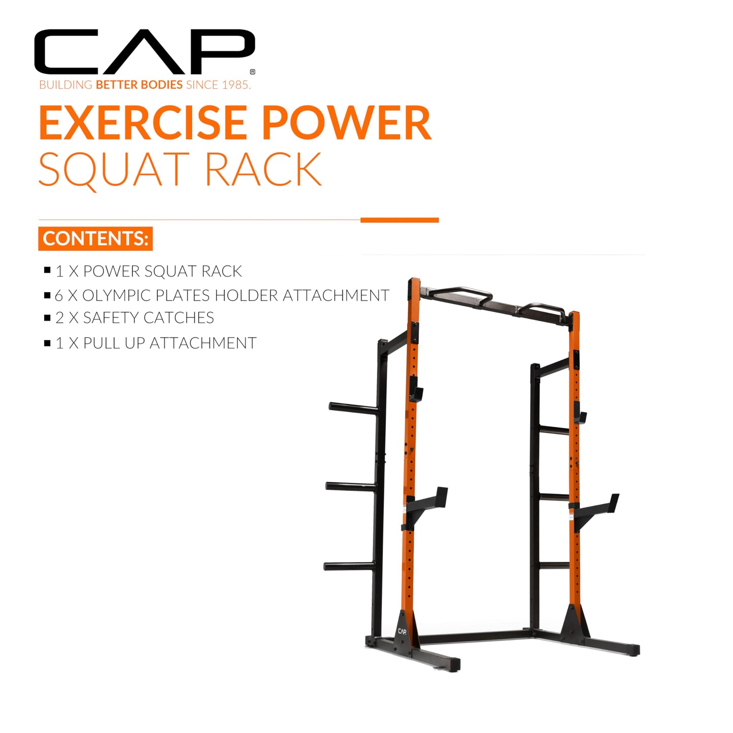 Cap Power Rack with Pull Up Bar & Attachments - Squat Rack & Strength Training Power Cage for Home Gym - Orange