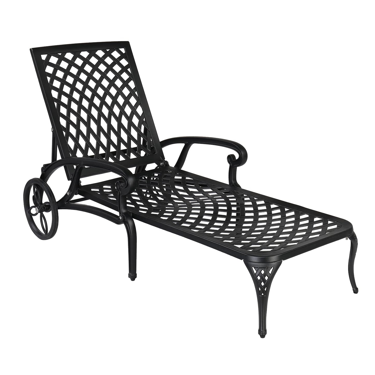 VINGLI Cast Aluminum Outdoor Chaise Lounge Chair with Wheels, Patio Chaise Lounges with 3-Position Adjustable Backrest, Pool Lounge Chair Reclining Chairs for Poolside Tanning (1, Black)